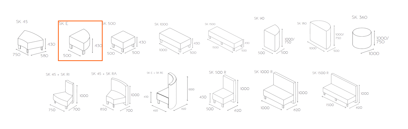 Siedzisko SNAKE SK E - ćwiartka wymiary
