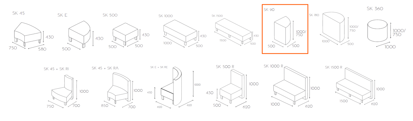 Oparcie 1/4 walca SNAKE SK 90 wymiary_90