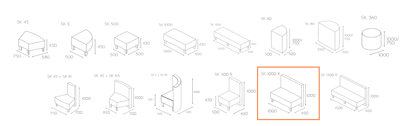 Siedzisko z oparciem SNAKE SK 1000 R wymiary_sk1000r