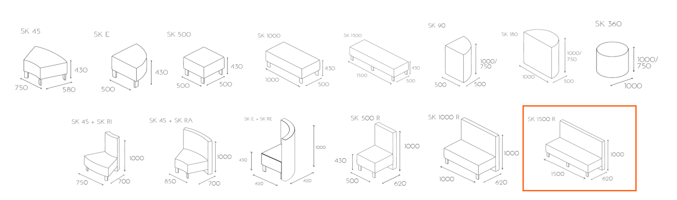 Siedzisko z oparciem SNAKE SK 1500 R wymiary_sk1500r