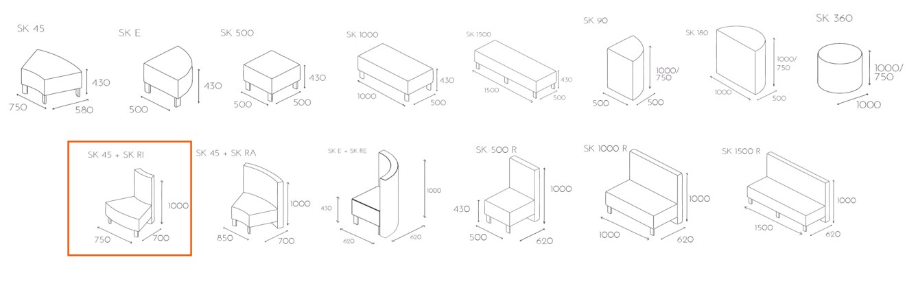 Siedzisko z oparciem SNAKE SK 45 + SK RI oparcie przy krótszym boku wymiary_sk45_ri