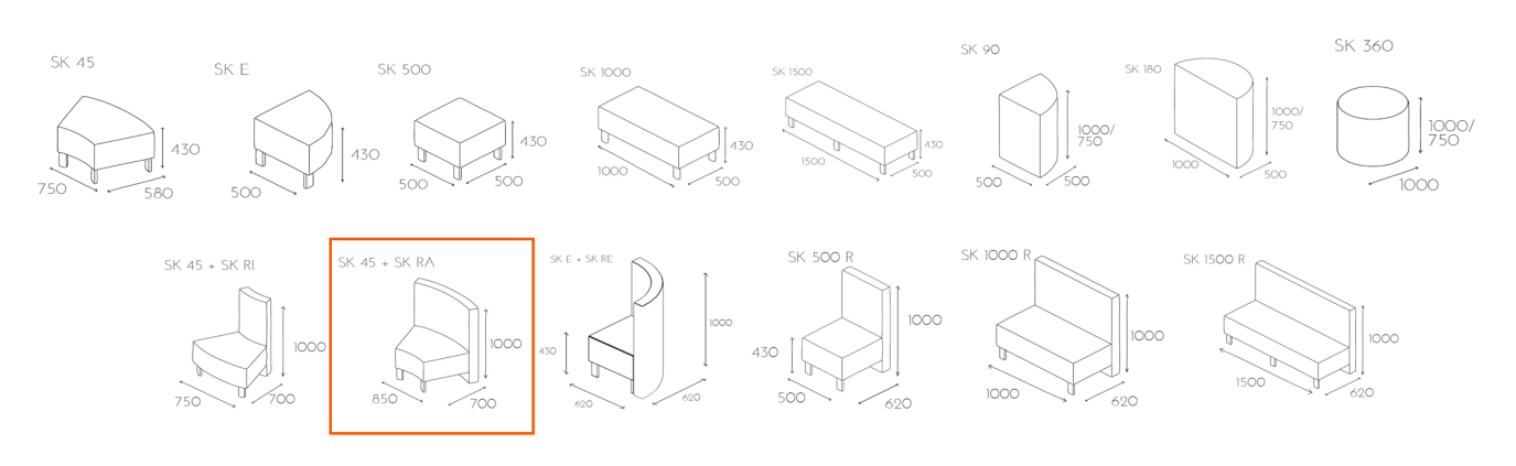 Siedzisko z oparciem SNAKE SK 45 + SK RA oparcie przy dłuższym boku wymiary_sk45skara
