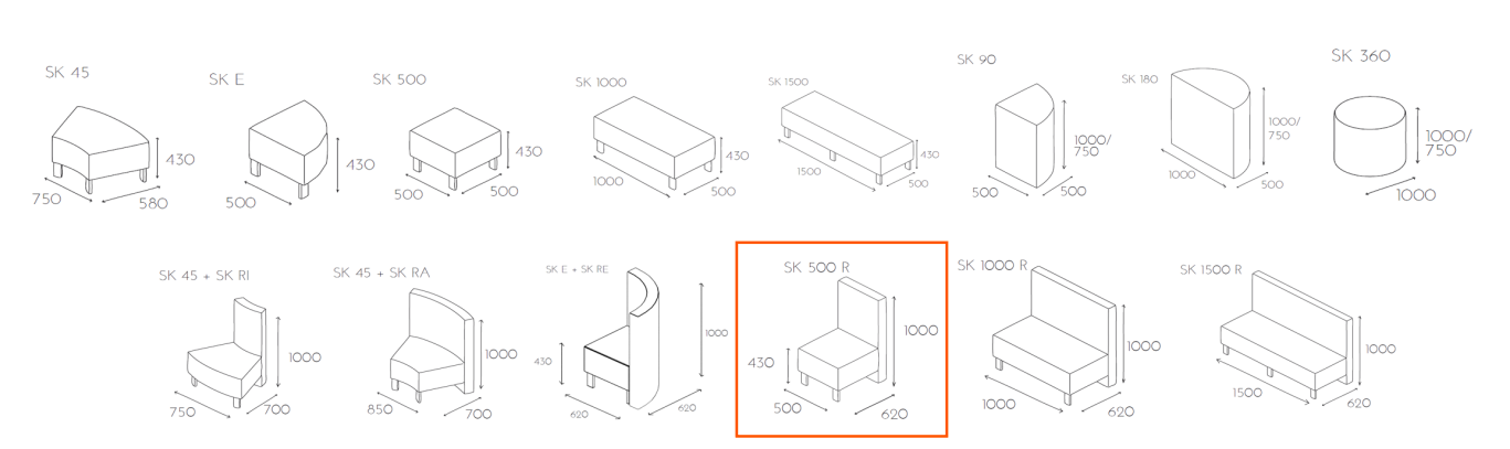 Siedzisko z oparciem SNAKE SK 500 R wymiary_sk500r