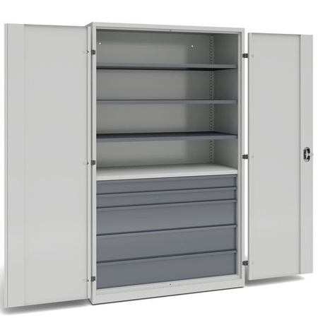 Szafa warsztatowa z 3 przestawnymi półkami, 1 półką stałą, 2 szufladami o wys. 100 mm, 3 szufladami o wys. 200 mm