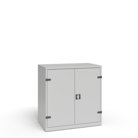 Szafa warsztatowa z drzwiami skrzydłowymi pełnymi, 2 półkami przestawnymi, 1 półką stałą, szufladą o wys. 100 mm