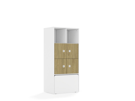 Regał Blox Base 70 4PP 4F1 ze skrzynią 706x466x1517 korpus biały/4x front dąb