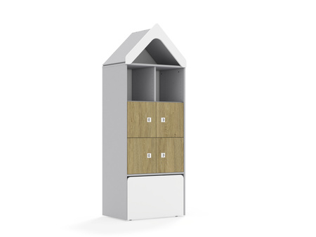 Regał Blox Base 70 4PP 4F1 ze skrzynią i daszkiem 706x466x1927 korpus szary/4x front dąb