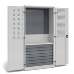 Szafa warsztatowa z 2 panelami perforowanymi, 1 półką stałą, 7 szufladami o wys. 100 mm, panelami perforowanymi na drzwiach