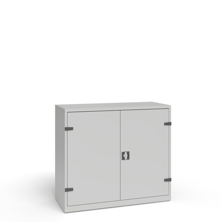 Szafa warsztatowa z drzwiami skrzydłowymi pełnymi, 2 półkami przestawnymi, 1 półką stałą, 2 szufladami o wys. 200 mm