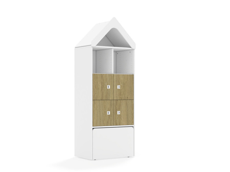 Regał Blox Base 70 4PP 4F1 ze skrzynią i daszkiem 706x466x1927 korpus biały/4x front dąb