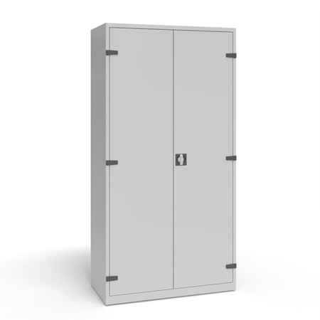 Szafa warsztatowa z 2 panelami perforowanymi, 2 przestawnymi półkami, 1 półką stałą, 2 szufladami o wys. 100 mm, 2 szufladami o wys. 200 oraz pojemnikami na drzwiach: 30 szt. PW4, 40 szt. PW5