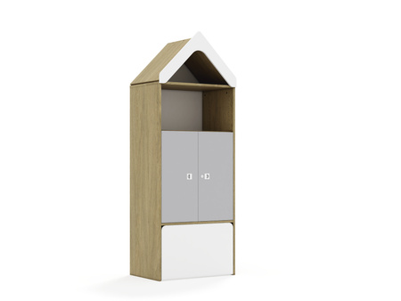 Regał Blox Base 70 4P 2F2 ze skrzynią i daszkiem 706x466x1927 korpus dąb/2x front szary