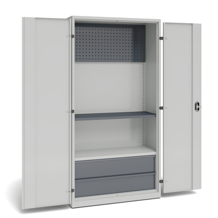 Szafa warsztatowa z 1 panelem perforowanym, 1 półką przestawną, 1 półką stałą, 2 szufladami o wys. 100 mm