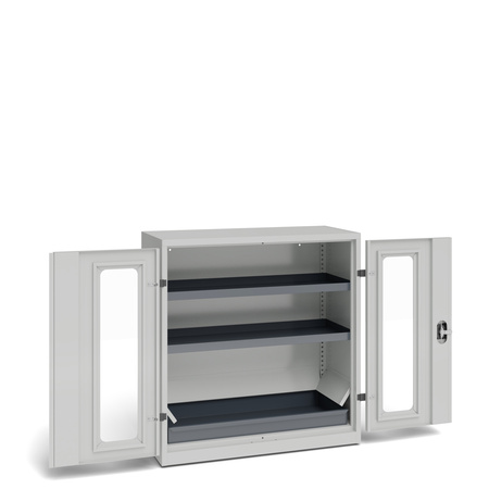 Szafa warsztatowa z drzwiami skrzydłowymi z wstawką z plexi, wanną ociekową z kołnierzem, 2 półkami na odczynniki chemiczne