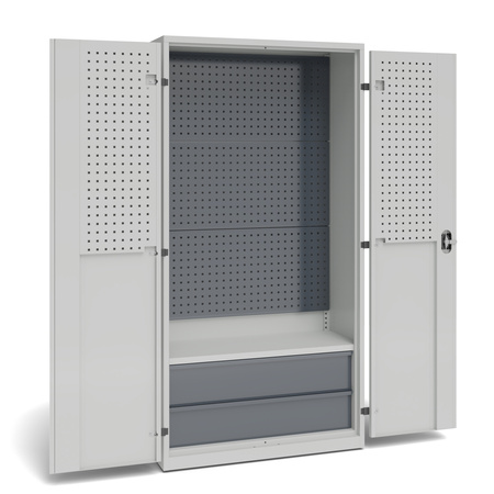 Szafa warsztatowa z 3 panelami perforowanymi, półką stałą, 2 szufladami o wys. 200 mm, panelami perforowanymi na drzwiach