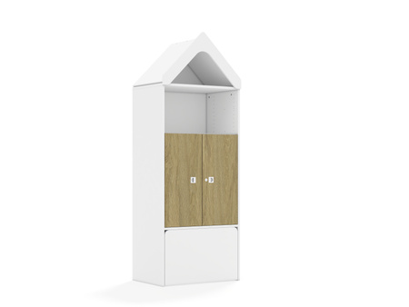 Regał Blox Base 70 4P 2F2 ze skrzynią i daszkiem 706x466x1927 korpus biały/2x front dąb