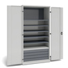 Szafa warsztatowa z 5 przestawnymi półkami, 1 półką stałą, panelem perforowanym, 4 szufladami o wys. 100 mm