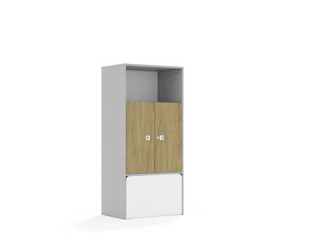 Regał Blox Base 70 4P 2F2 ze skrzynią 706x466x1517 korpus dąb/2x front szary