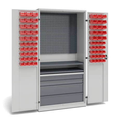 Szafa warsztatowa z 2 panelami perforowanymi, 2 przestawnymi półkami, 1 półką stałą, 2 szufladami o wys. 100 mm, 2 szufladami o wys. 200 oraz pojemnikami na drzwiach: 30 szt. PW4, 40 szt. PW5