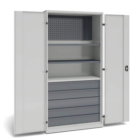 Szafa warsztatowa z 1 panelem perforowanym, 2 przestawnymi półkami, 1 półką stałą, 5 szufladami o wys.150 mm