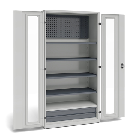 Szafa warsztatowa z drzwiami skrzydłowymi z wstawką z plexi, 1 panelem perforowanym, 4 półkami przestawnymi, 1 półką stałą, 2 szufladami o wys. 100 mm