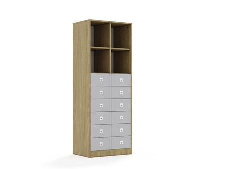 Regał Blox Base 70 5PP 12SB 706x466x1869 korpus dąb/12x szuflada szara