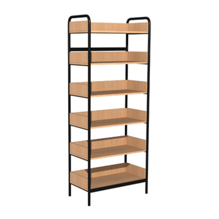 Regał biblioteczny jednostronny z zabezpieczeniem tyłu, rama metalowa C, boki z płyty